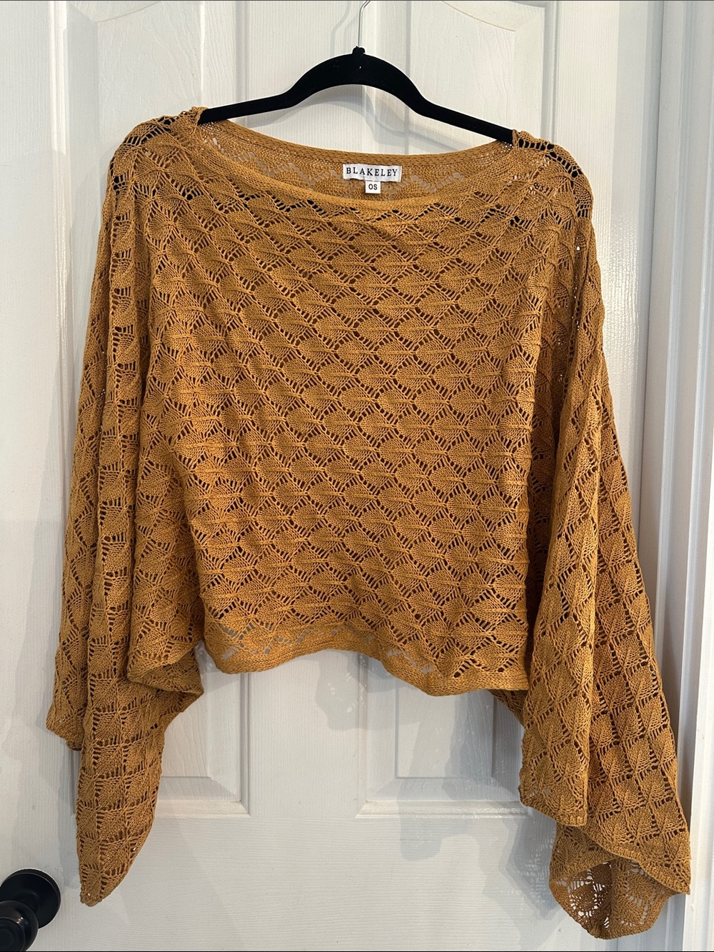Blakely Free Spirit Bell Sleeved Mustard Crochet Look Geometric Top